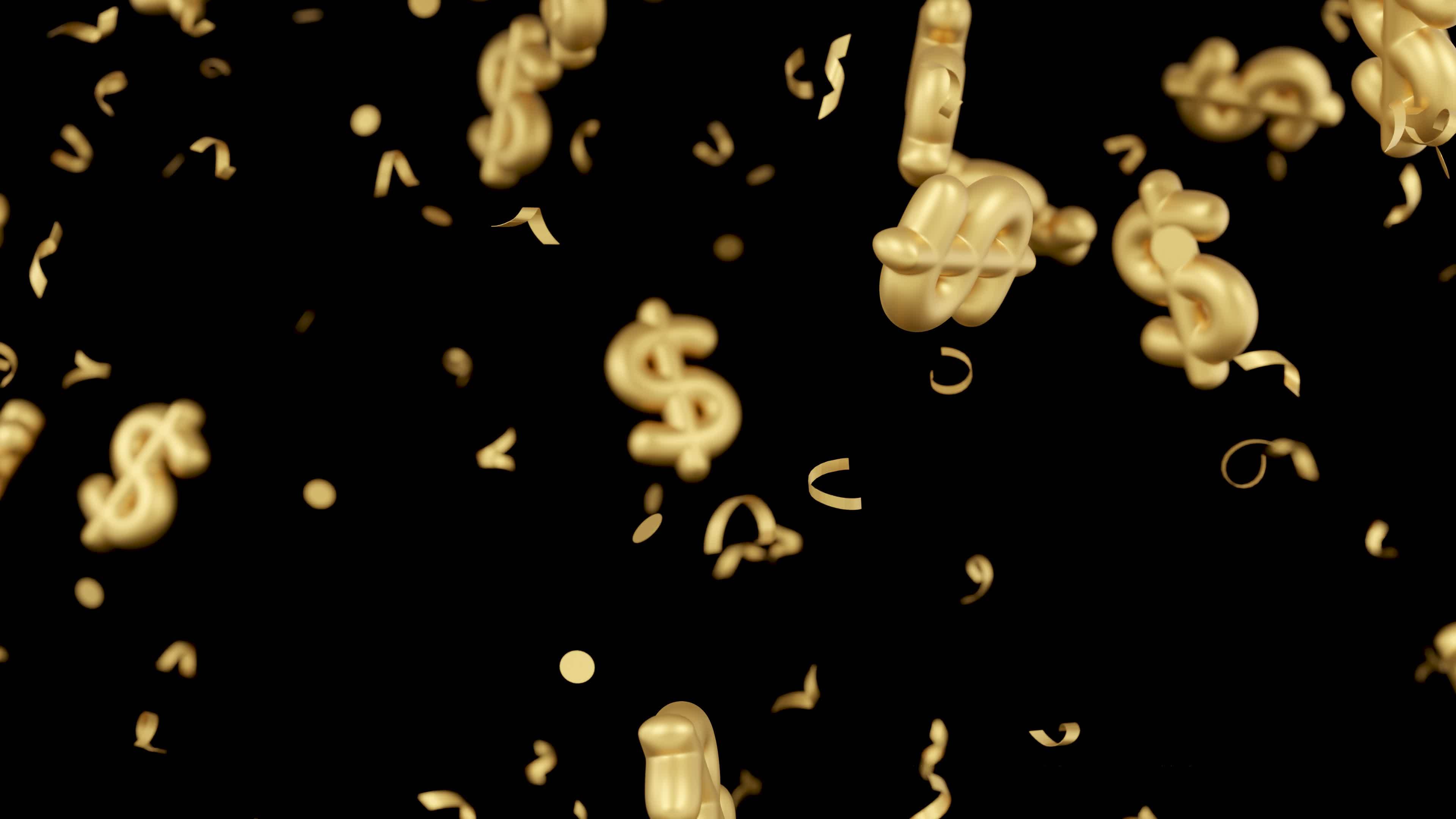 Falling golden glitter confetti and US dollar signs on black background