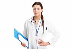 Woman doctor isolated over white background photo