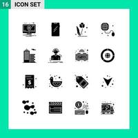 Set of 16 Vector Solid Glyphs on Grid for building internet samsung education nature Editable Vector Design Elements