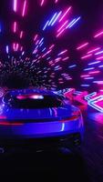 A sports car rushes through a neon tunnel with direction signs. Vertical looped video