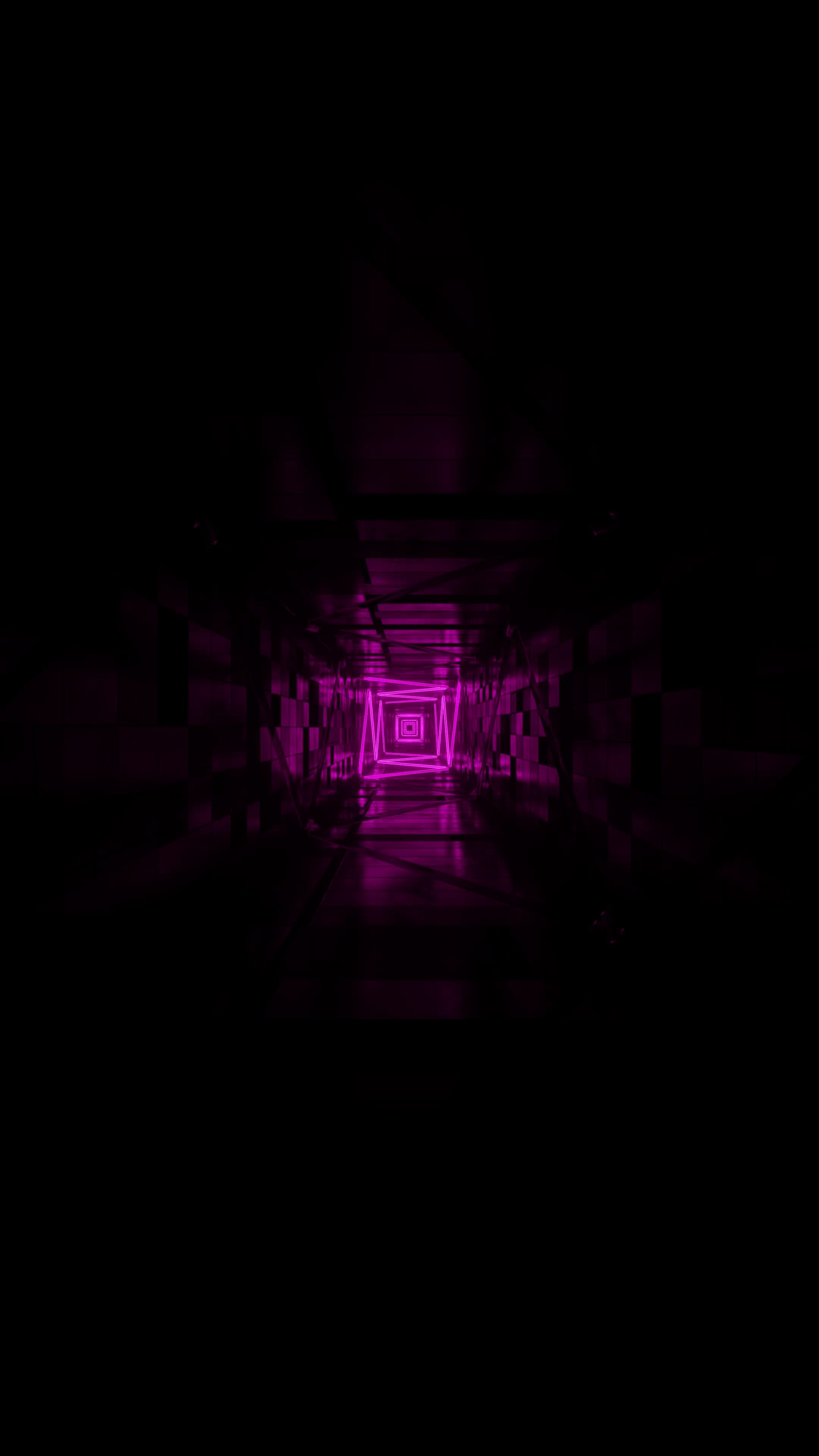 Flying in a tunnel with flashing red fluorescent lights. Vertical