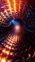 Flying through a tunnel of blue and orange metal cubes. Vertical looped video