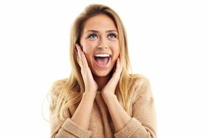 Portrait of happy woman isolated over white background photo