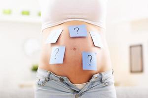 Photo of pregnant woman with question marks on belly