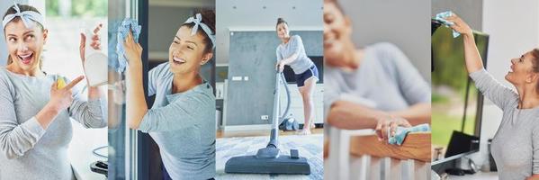Collage of pictures of young woman cleaning house