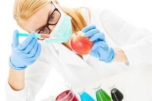 Scientist Injecting Chemical In Apple At Table photo