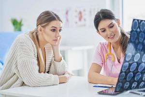 Doctor explaining diagnosis to her female patient photo