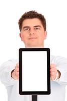 Businessman holding a tablet device with copy space photo