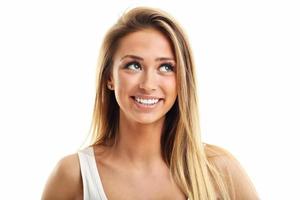 Portrait of happy woman isolated over white background photo