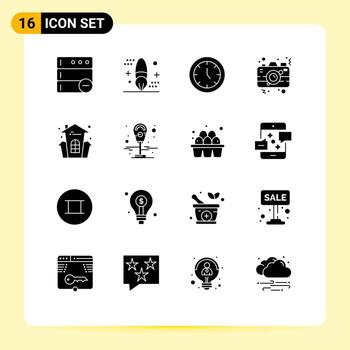 conjunto de 16 glifos sólidos vectoriales en la cuadrícula para elementos de diseño vectorial editables de la cámara fotográfica del reloj de la imagen del castillo vector