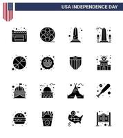 4th July USA Happy Independence Day Icon Symbols Group of 16 Modern Solid Glyphs of security day monument sports basketball Editable USA Day Vector Design Elements