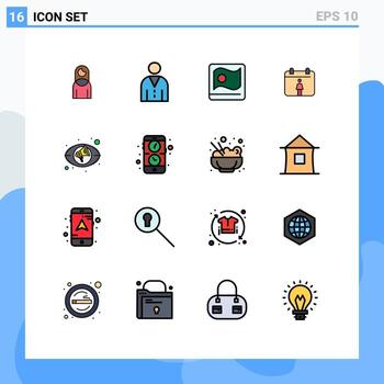 interfaz móvil conjunto de líneas llenas de color plano de 16 pictogramas de vistas usuario femenino bangla elementos de diseño de vectores creativos editables