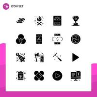 Modern Set of 16 Solid Glyphs and symbols such as wheel color water marketing cup Editable Vector Design Elements