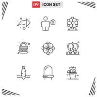 Modern Set of 9 Outlines Pictograph of anemone flower security atomium link http Editable Vector Design Elements