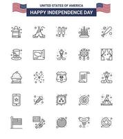 Happy Independence Day Pack of 25 Lines Signs and Symbols for day bat corn dog baseball fire Editable USA Day Vector Design Elements