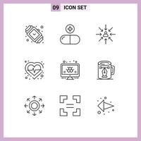 paquete de esquema de 9 símbolos universales de elementos de diseño de vectores editables de enfoque de salud de signo de corazón de verificación