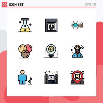 conjunto moderno de 9 colores planos de línea rellena pictograma de análisis de color de desarrollo tiempo de codificación elementos de diseño vectorial editables vector