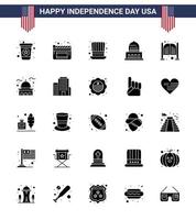 feliz día de la independencia paquete de ee.uu. de 25 glifos sólidos creativos del día puertas presidentes bar punto de referencia elementos de diseño vectorial editables del día de ee.uu. vector