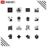 Pack of 16 creative Solid Glyphs of spade labour laptop protection database Editable Vector Design Elements