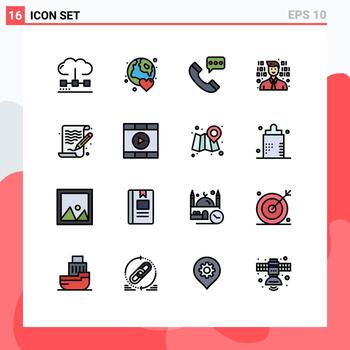 conjunto de 16 líneas vectoriales llenas de color plano en la cuadrícula para el desarrollo de la programación amor conversación contacto elementos de diseño de vectores creativos editables