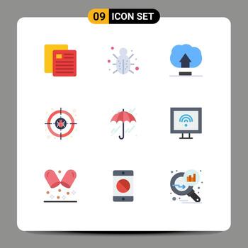 User Interface Pack of 9 Basic Flat Colors of weather target security internet crime Editable Vector Design Elements