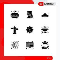 9 Universal Solid Glyphs Set for Web and Mobile Applications gear sign paper navigation hat Editable Vector Design Elements