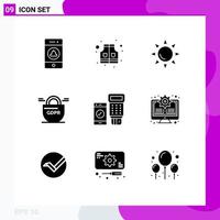 Set of 9 Vector Solid Glyphs on Grid for scan payment beach code protection Editable Vector Design Elements