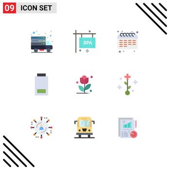 Mobile Interface Flat Color Set of 9 Pictograms of rose status calendar low battery Editable Vector Design Elements