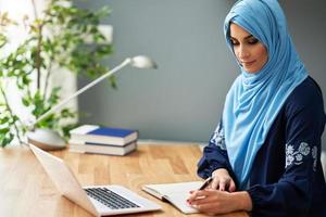 Muslim female student learning at home photo