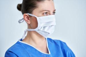 Close up portrait of female medical doctor or nurse wearing protective mask photo