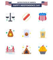 9 Flat Signs for USA Independence Day drink bottle badge cash money Editable USA Day Vector Design Elements