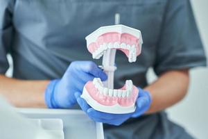 Male dentist showing jaw and teeth to the camera photo