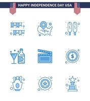 4th July USA Happy Independence Day Icon Symbols Group of 9 Modern Blues of glass american wisconsin wine food Editable USA Day Vector Design Elements