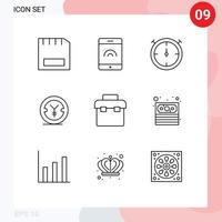 9 Universal Outline Signs Symbols of cash lunchbox timer equipment money Editable Vector Design Elements