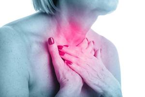 Closeup view of adult woman with thyroid gland isolated on white background photo