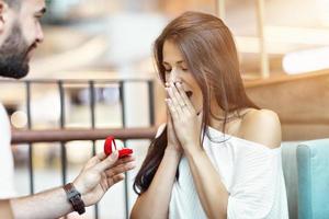 Handsome man proposing to beautiful woman in cafe photo