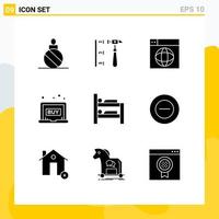 Pack of 9 Modern Solid Glyphs Signs and Symbols for Web Print Media such as bed click web buy world Editable Vector Design Elements