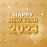 feliz año nuevo 2023 con efecto de texto 3d, fondo dorado y patrón de caja de regalo. concepto simple y elegante. usar para tarjetas de felicitación y redes sociales vector