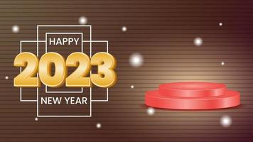 plantilla de diseño de banner para feliz año nuevo 2023 con efecto de texto 3d y podio rojo. concepto simple y elegante. uso para promoción, saludo y publicidad vector