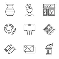 Collection of nine line icons of vase, artist, picture, dye, easel, balloon, picture for shops, stores, adverts, apps, ui. Minimalistic editable strokes vector