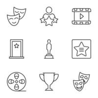 Collection of nine line icons of theatrical mask, star by actor, door, award, winner cup for shops, stores, adverts, apps, ui. Minimalistic editable strokes vector