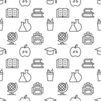 Seamless vector pattern of books, school supplies, laboratory bulbs, apple, globe, backpack. Suitable for web sites, apps, covers, wrapping