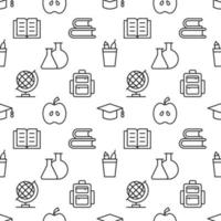 Seamless vector pattern of books, school supplies, laboratory bulbs, apple, globe, backpack. Suitable for web sites, apps, covers, wrapping