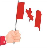 bandera de canadá realista con asta de bandera. en la mano vector