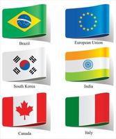 Flags of the World, Asian and Europe, Vector Tag Label Flat Icons. 2022 versions of flags