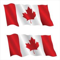 twin Canada flags. Realistic waving national flag on pole, table flag and different shapes badges. vector