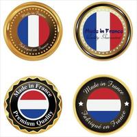 Made in France label and icon with ribbon and central glossy french flag symbol. Different badge colors isolated on white background. vector