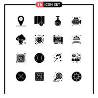 Pack of 16 Modern Solid Glyphs Signs and Symbols for Web Print Media such as safety secure science cloud media Editable Vector Design Elements