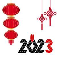 2023 año nuevo chino, año del conejo, fecha y orejas de conejo, linterna china, nudo chino de felicidad y buena suerte vector