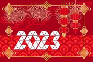 2023 Happy New Year Chinese New Year red gold background. Origami triangle year. vector